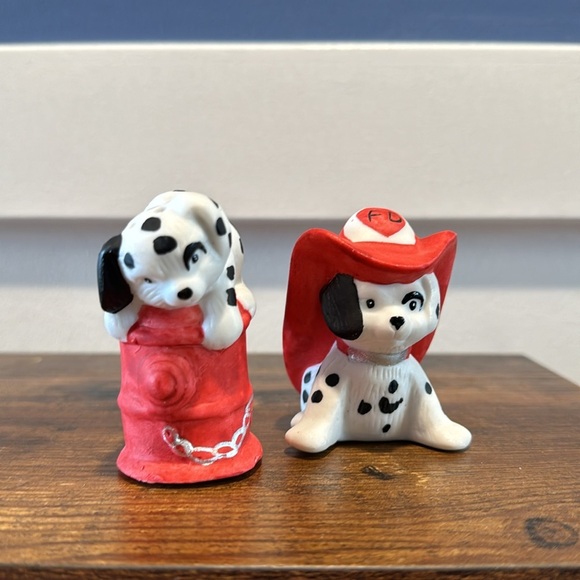 Adorable Dalmatian firefighter puppies, salt, and pepper shakers red white black - Picture 1 of 10